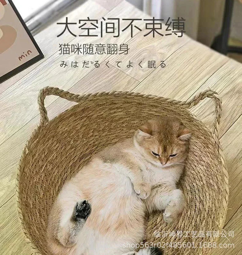 rattan cat basket bed with soft cushion, round cozy sleeping nest for cats and small dogs