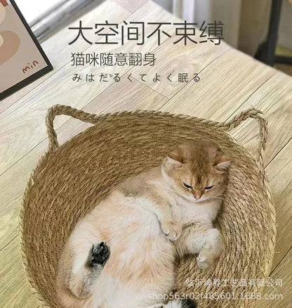 rattan cat basket bed with soft cushion, round cozy sleeping nest for cats and small dogs