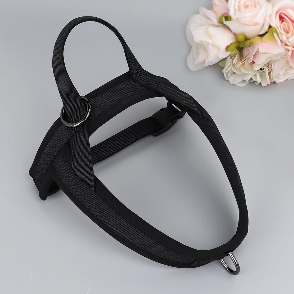 Black no pull dog harness with padded nylon vest design for small to large dogs, reflective walking harness