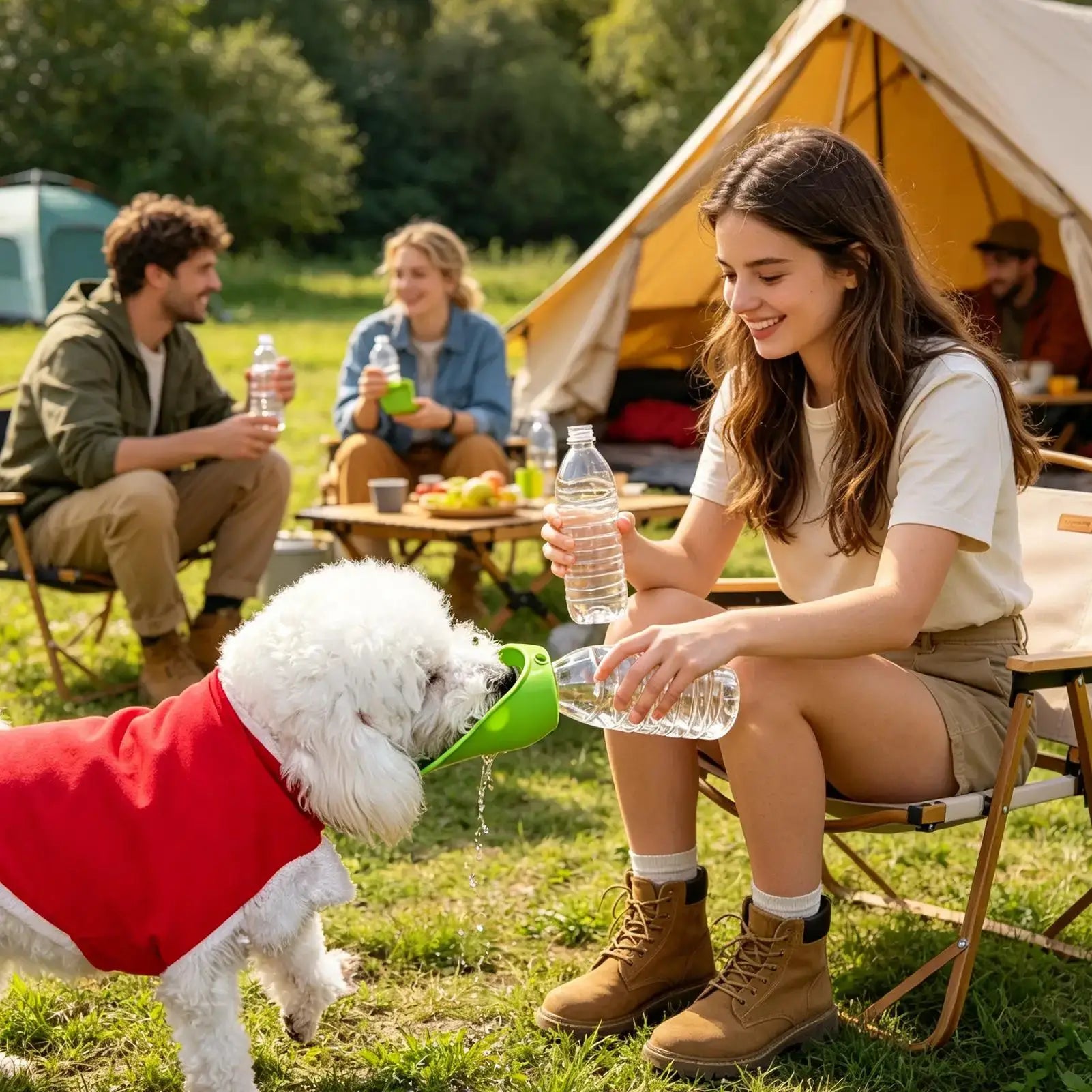 portable dog water bottle used outdoors to hydrate a dog at a camping trip