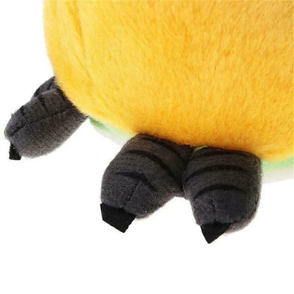 Plush talking parrot toy with soft yellow body and black feet for fun voice repeat play