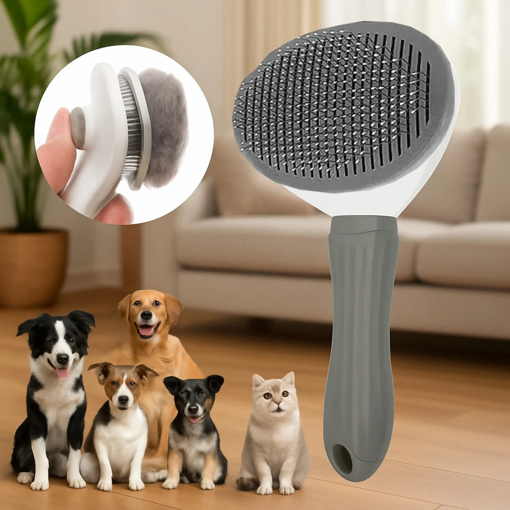 Self-cleaning pet grooming brush for dogs and cats with grey handle, four dogs and cat in living room
