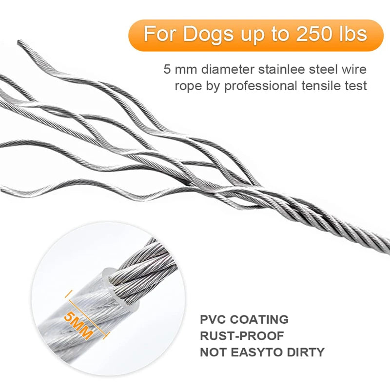 5 mm diameter stainless steel wire rope for Dog Tie Out Cable, for dogs up to 250 lbs, with PVC coating.