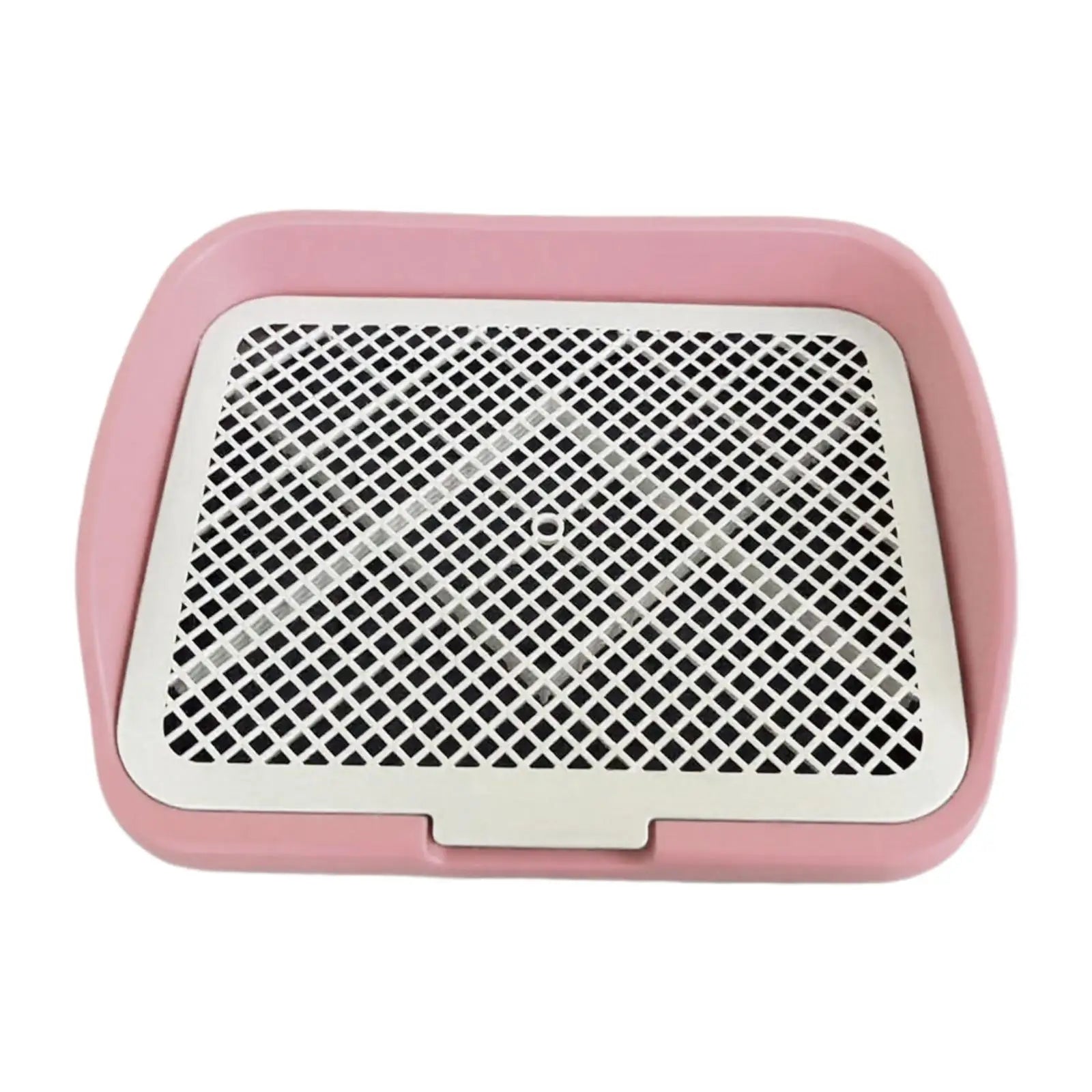 Pink plastic dog potty training tray with removable white grid for indoor pet use