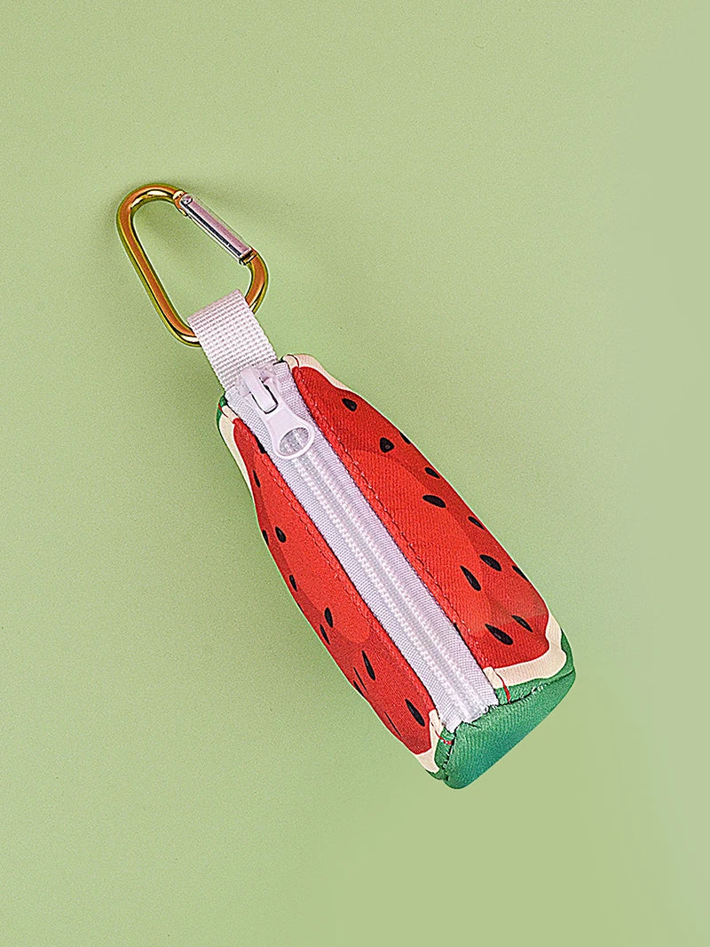Watermelon print dog poop bag holder dispenser with carabiner clip for attaching to dog leashes