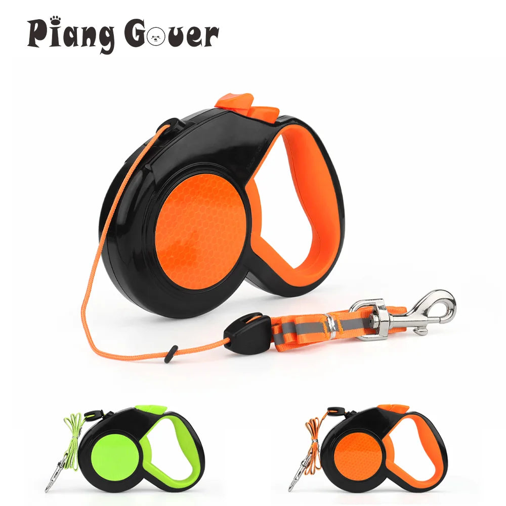 reflective retractable dog leash for pets, automatic extending traction rope in orange and green, 3M/5M/8M