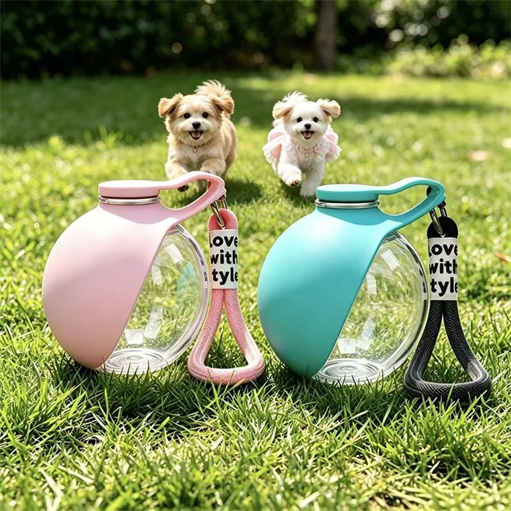 portable pet water bottle with leak-proof travel dispenser, foldable bowl, and cute dogs outdoors