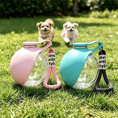 portable pet water bottle with leak-proof travel dispenser, foldable bowl, and cute dogs outdoors