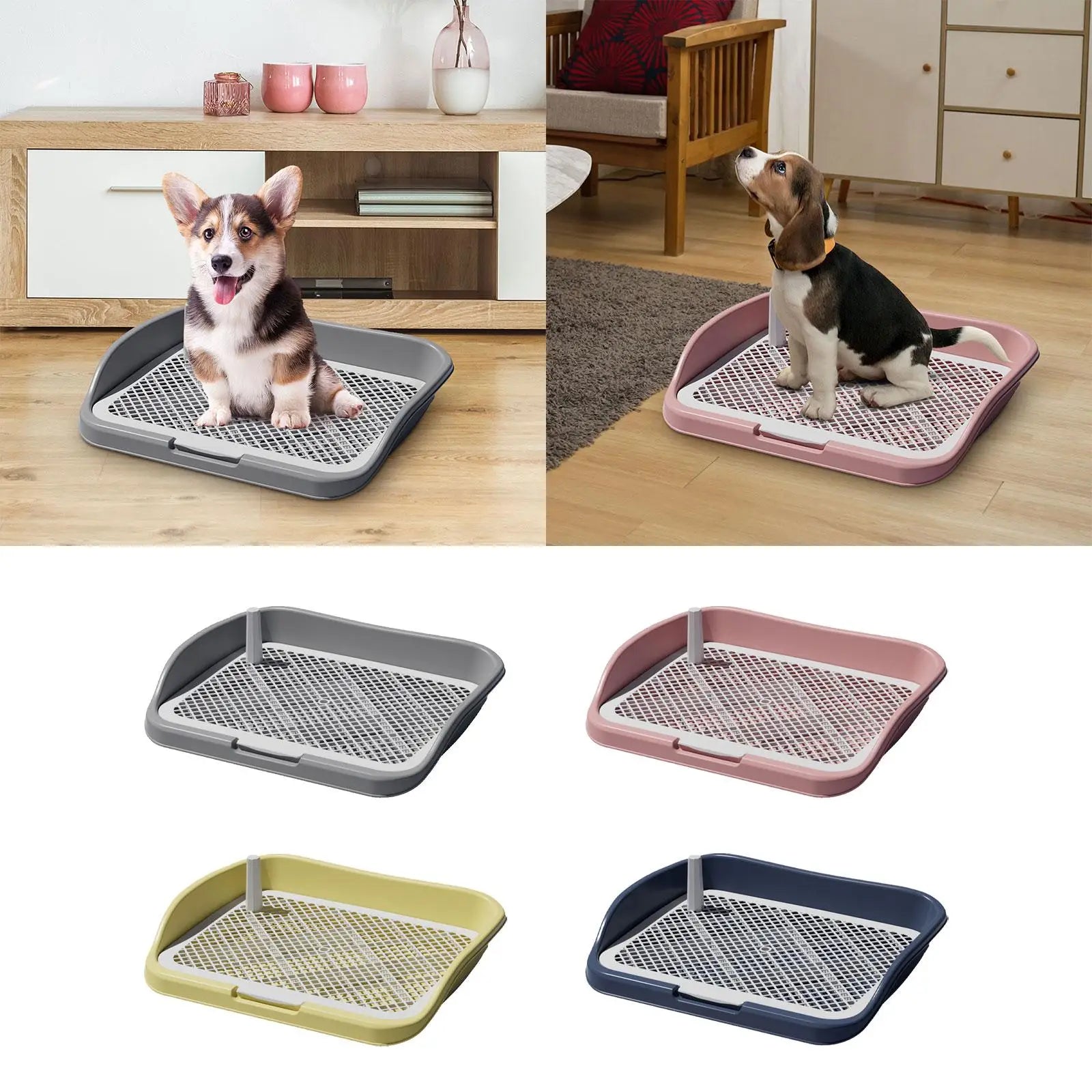 Indoor dog potty training trays in gray, pink, yellow, and blue, shown with puppies.