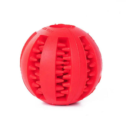 Red nontoxic dog chew toy ball, bite resistant rubber treat feeder and tooth cleaning toy for puppies, dogs, and cats