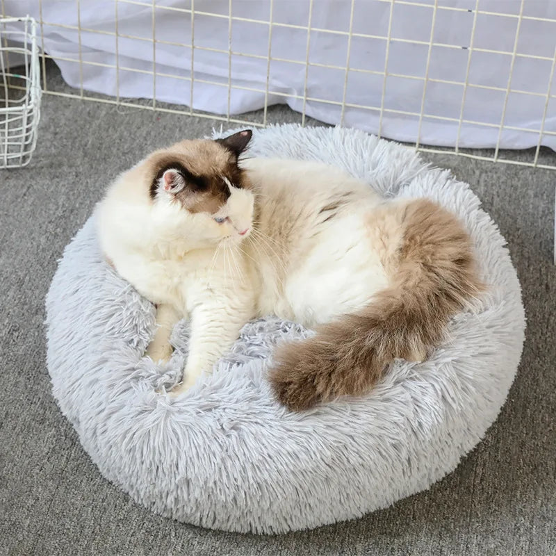 washable plush donut cat bed for cozy winter sleep, soft round pet bed for cats