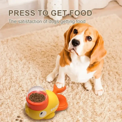 Beagle using automatic cat treat dispenser press-to-feed interactive pet snack toy for training and rewards