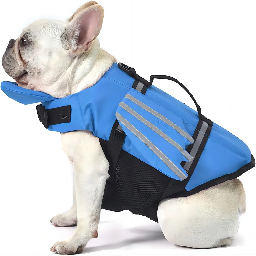 Blue reflective adjustable dog life jacket for large dogs, summer swimwear vest with enhanced buoyancy and safety straps