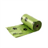 Green dog waste bag roll with black paw prints, pet cleanup accessory on white background