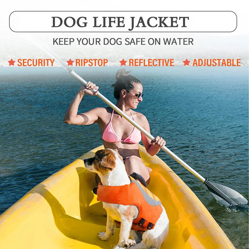 Reflective dog life jacket with leash ring, adjustable straps, and rescue handle for safe boating and swimming