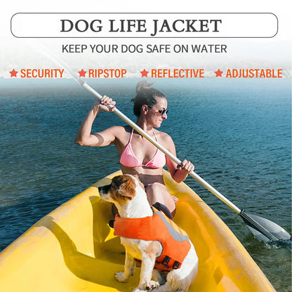 Reflective dog life jacket with leash ring, adjustable straps, and rescue handle for safe boating and swimming