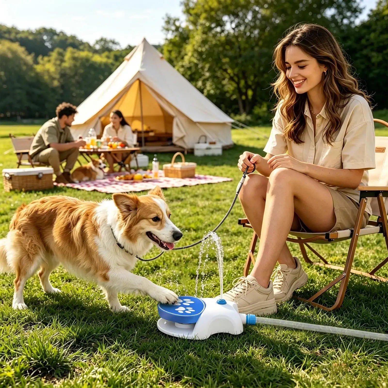 step on dog water fountain for outdoor pet drinking and sprinkler fun in a garden camping scene