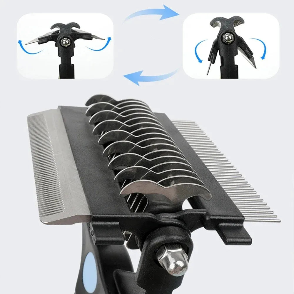 3 in 1 pet deshedding brush with adjustable grooming blades for dog and cat hair removal and shedding control