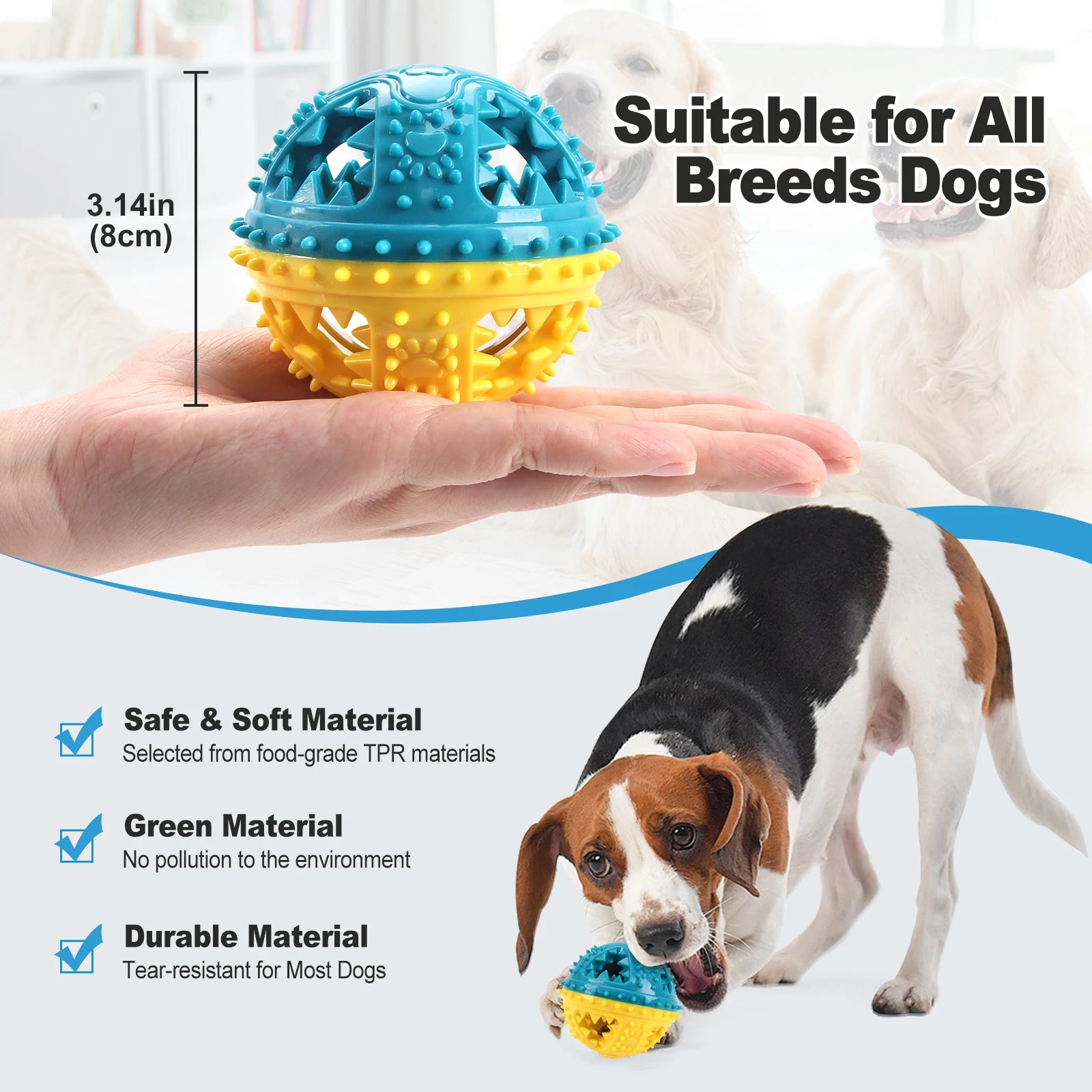 Dog playing with blue and yellow spiked ball chew toy, durable, safe, eco-friendly design.