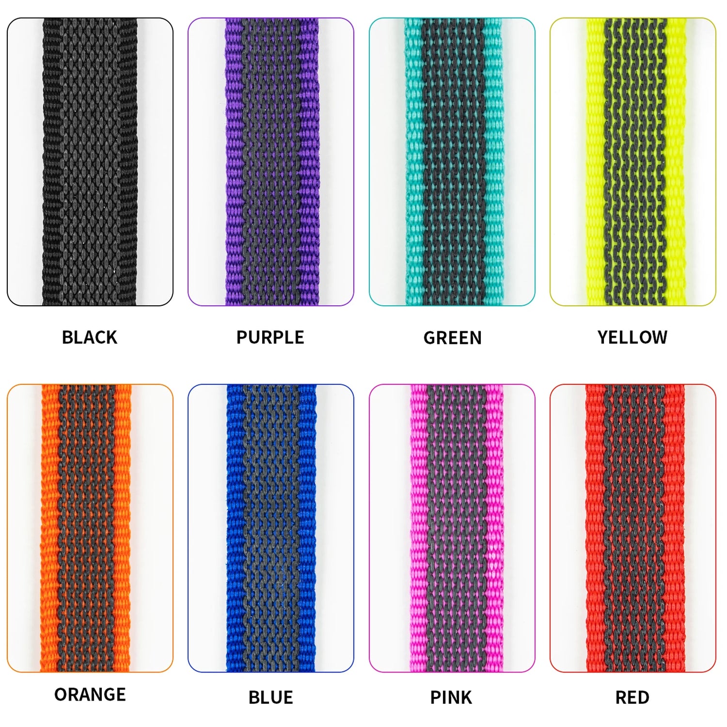 adjustable dog training leash in black, purple, green, yellow, orange, blue, pink, and red color options