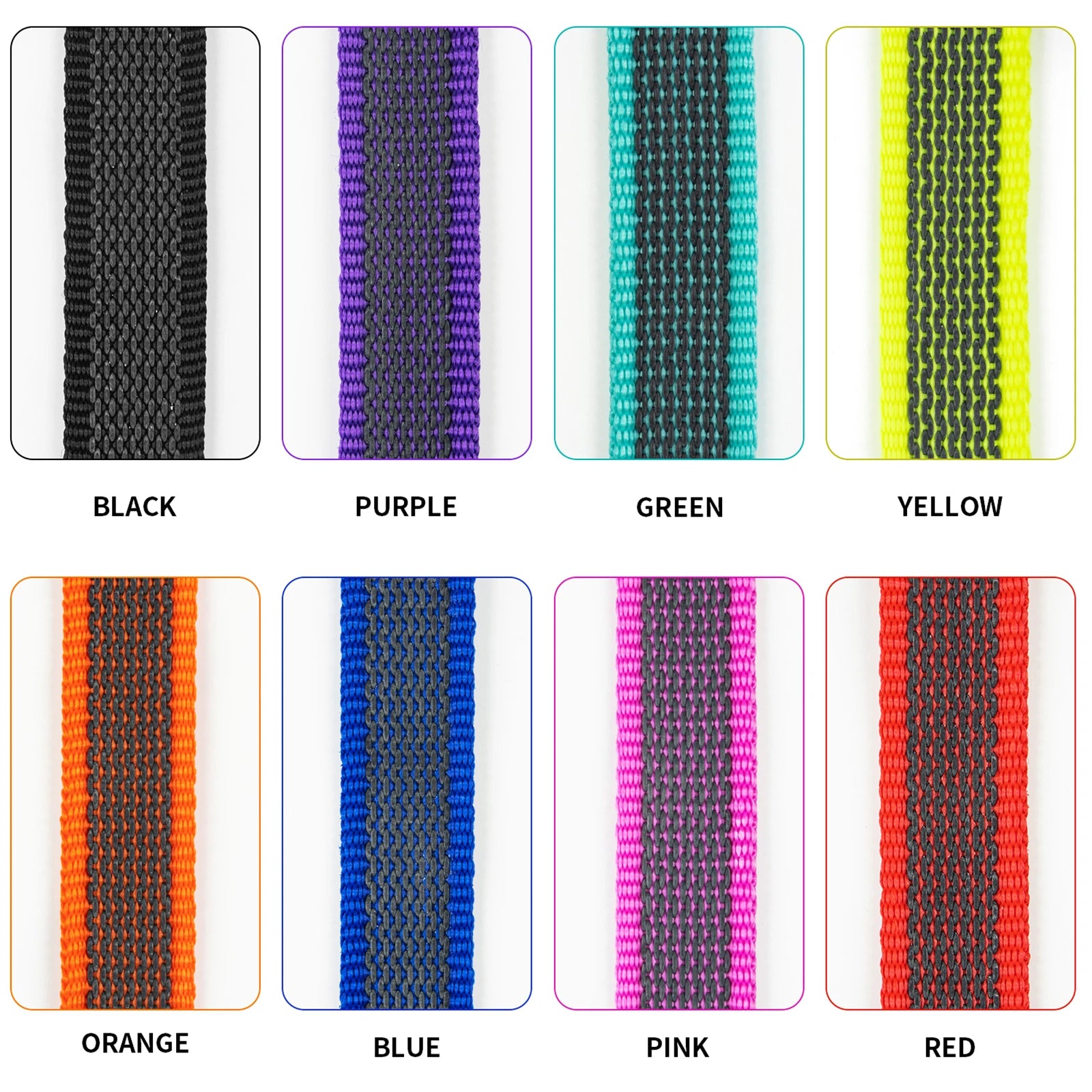 adjustable dog training leash in black, purple, green, yellow, orange, blue, pink, and red color options