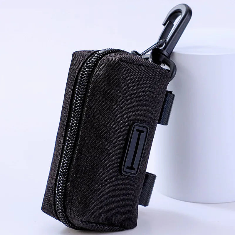 Black dog waste bag dispenser pouch with zipper and clip for leash attachment
