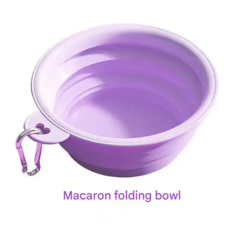 Purple collapsible pet travel bowl with carabiner, 350ML folding silicone dog and cat bowl for portable water and feeding