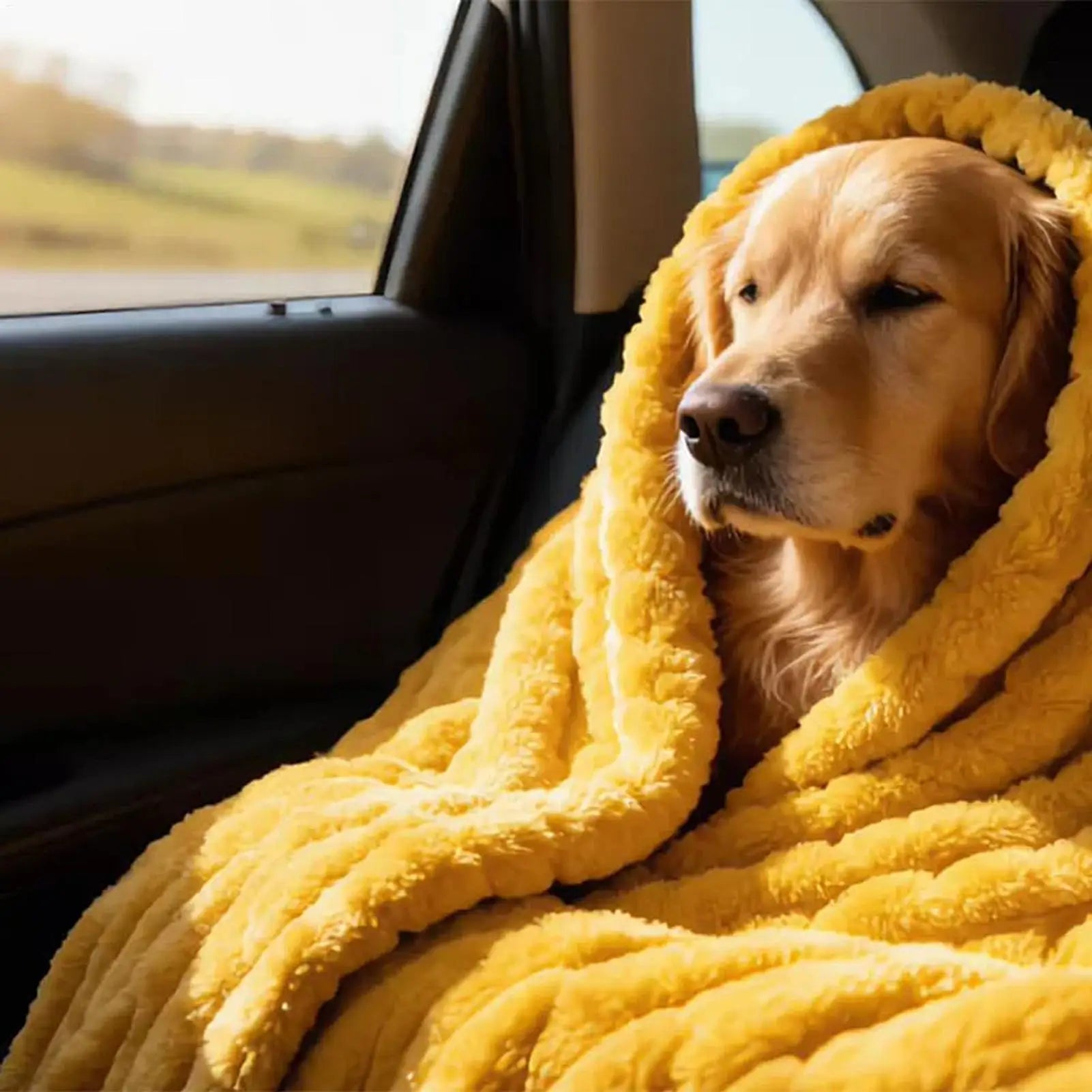Golden retriever wrapped in washable pet blanket for cozy car travel and furniture protection