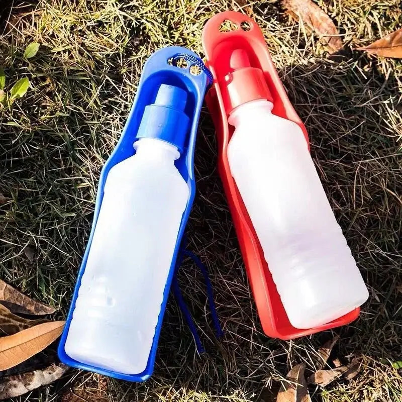 Portable dog water bottle for walking pets, shown in blue and red, outdoor travel hydration cup for dogs and cats