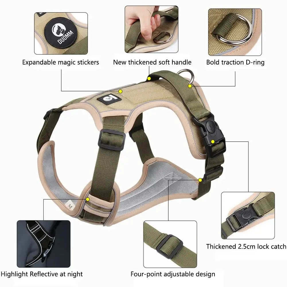 adjustable reflective dog harness with vest style, padded handle, D-ring, and four-point adjustable design for medium large dogs