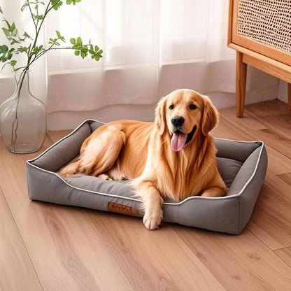 waterproof square dog bed for large dogs gray sofa-style pet mattress with a golden retriever resting comfortably