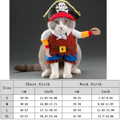 Gray and white cat wearing pirate costume with hat and hook, pet costume size chart below.