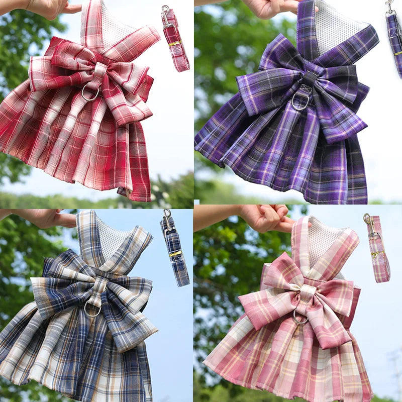 plaid pet dress with leash for small dogs and cats, fashion bow dress set in red, purple, blue, and pink