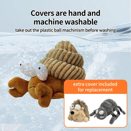 Washable plush dog toy with removable cover, includes hedgehog and spider replacement covers