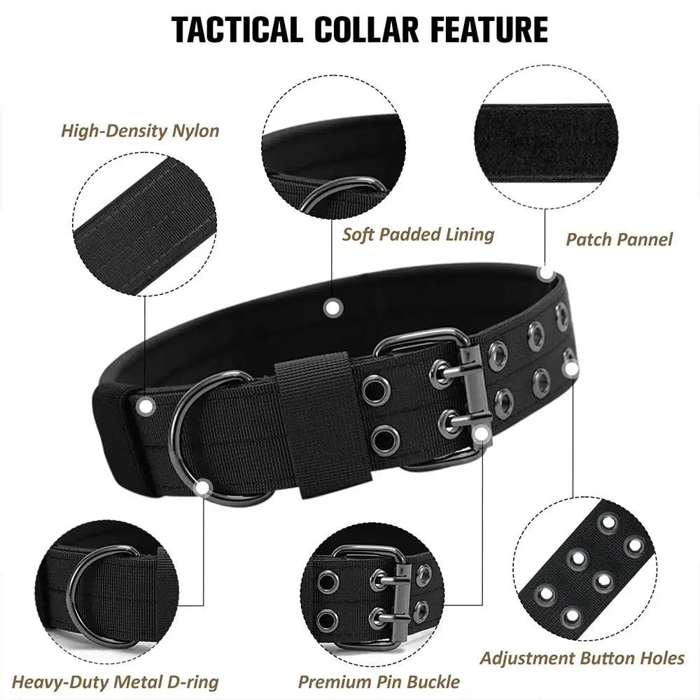 tactical dog collar with high-density nylon, padded lining, metal D-ring, pin buckle, and adjustable button holes