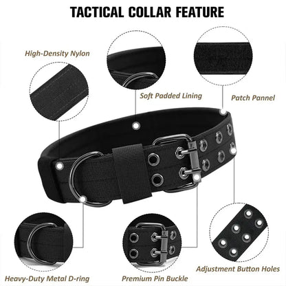 tactical dog collar with high-density nylon, padded lining, metal D-ring, pin buckle, and adjustable button holes
