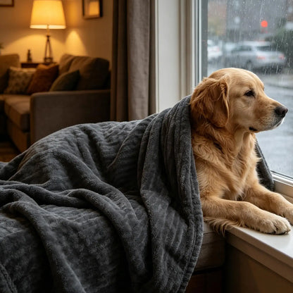 Golden retriever resting on a washable pet blanket by the window, cozy indoor dog bed and furniture protection mat