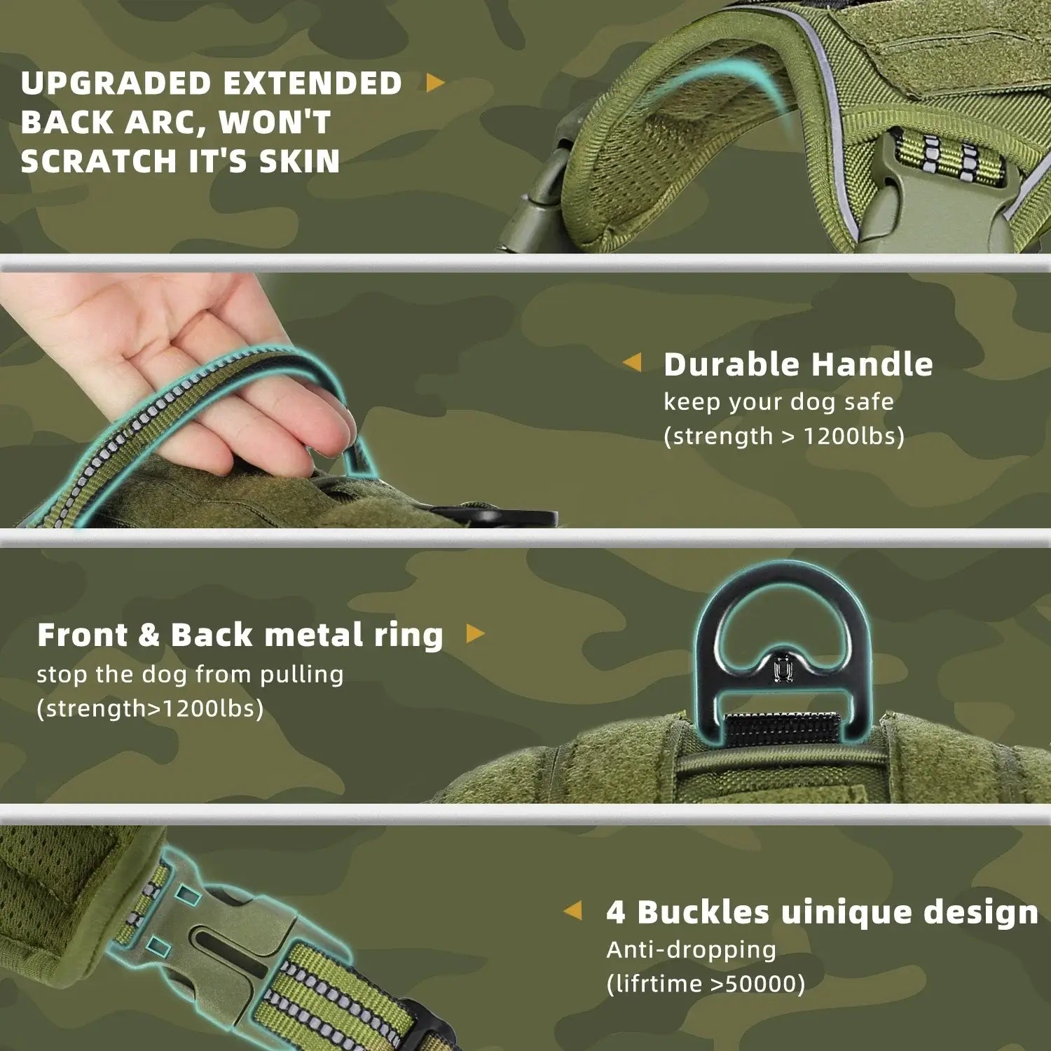 tactical no pull dog harness with durable handle, reflective MOLLE vest, metal rings, and 4-buckle design for large dogs