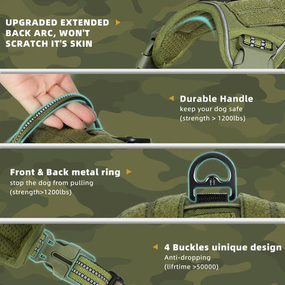 tactical no pull dog harness with durable handle, reflective MOLLE vest, metal rings, and 4-buckle design for large dogs