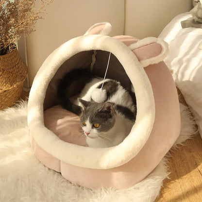 foldable washable cat bed cozy semi-closed cat cave with bunny ears and pompom for small pets