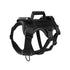 Black tactical dog harness with quick-release buckles, reflective shock-absorbing traction, all-stage polyester blend