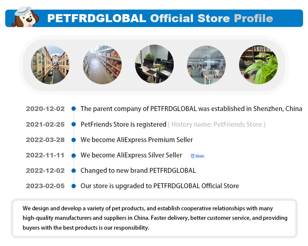 PETFRDGLOBAL Official Store Profile banner with company timeline and pet product showroom images