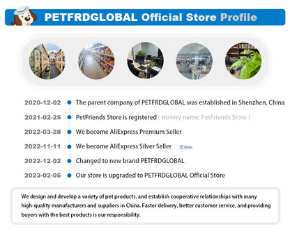 PETFRDGLOBAL Official Store Profile banner with company timeline and pet product showroom images