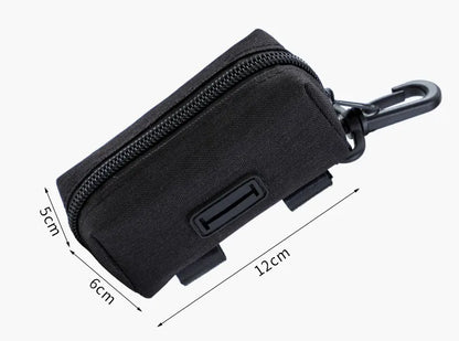 Black dog waste bag holder pouch with zipper, carabiner clip, and size dimensions shown