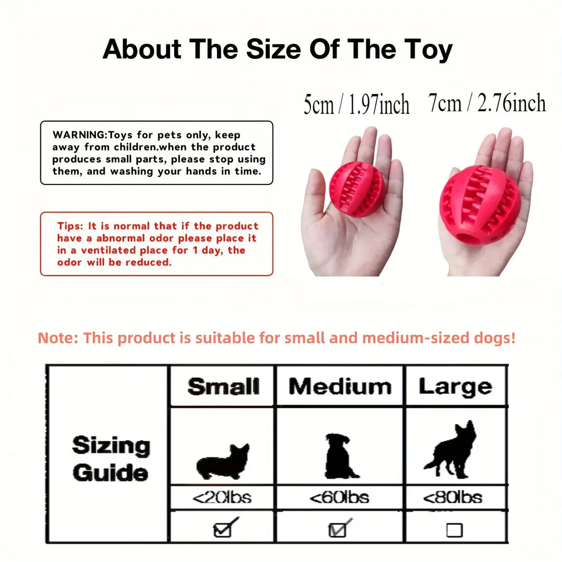 nontoxic dog chew toy ball size guide for small and medium dogs, 5cm and 7cm red treat feeder
