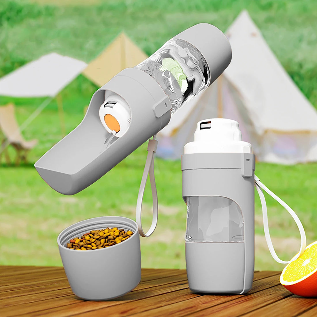 portable dog water bottle with food container for travel, dual-use pet water cup with food bowl for outdoor dogs and cats