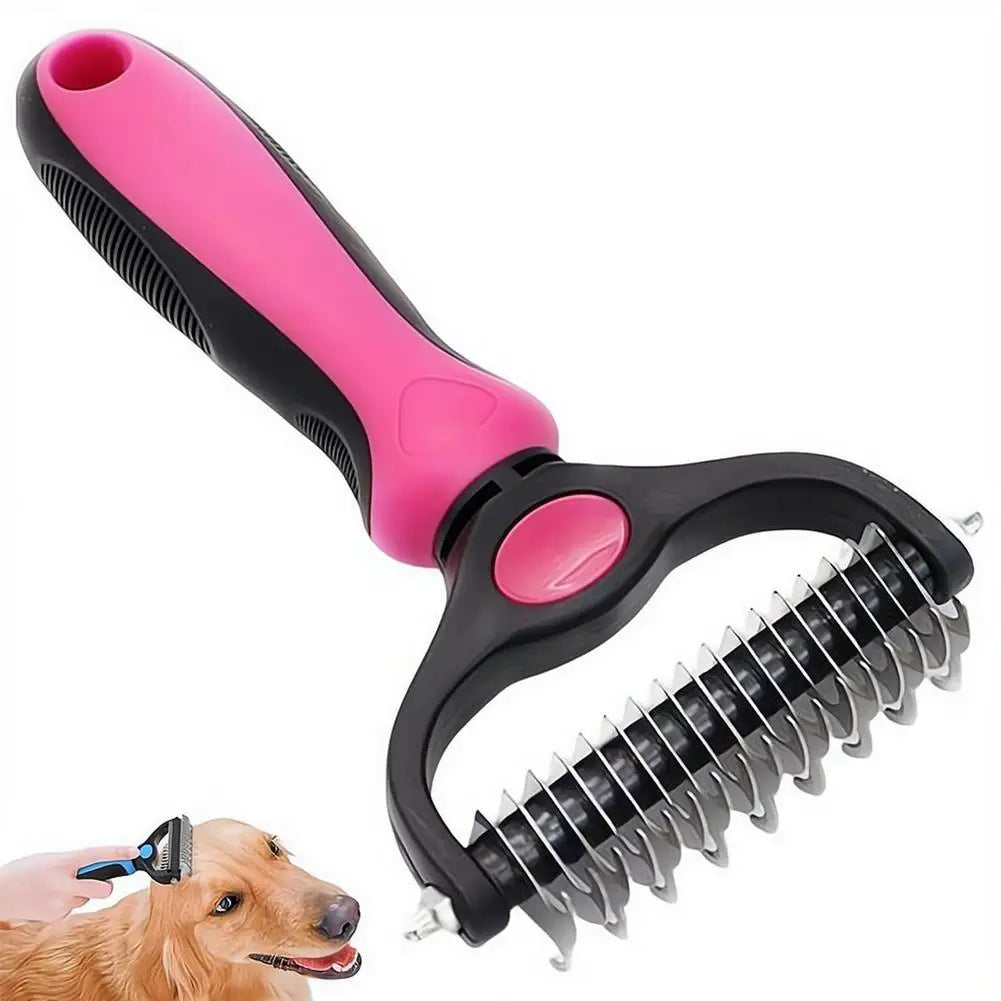 Pink and black dog deshedding brush for removing pet fur, grooming undercoats, and reducing shedding