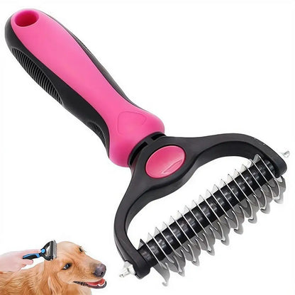 Pink and black dog deshedding brush for removing pet fur, grooming undercoats, and reducing shedding