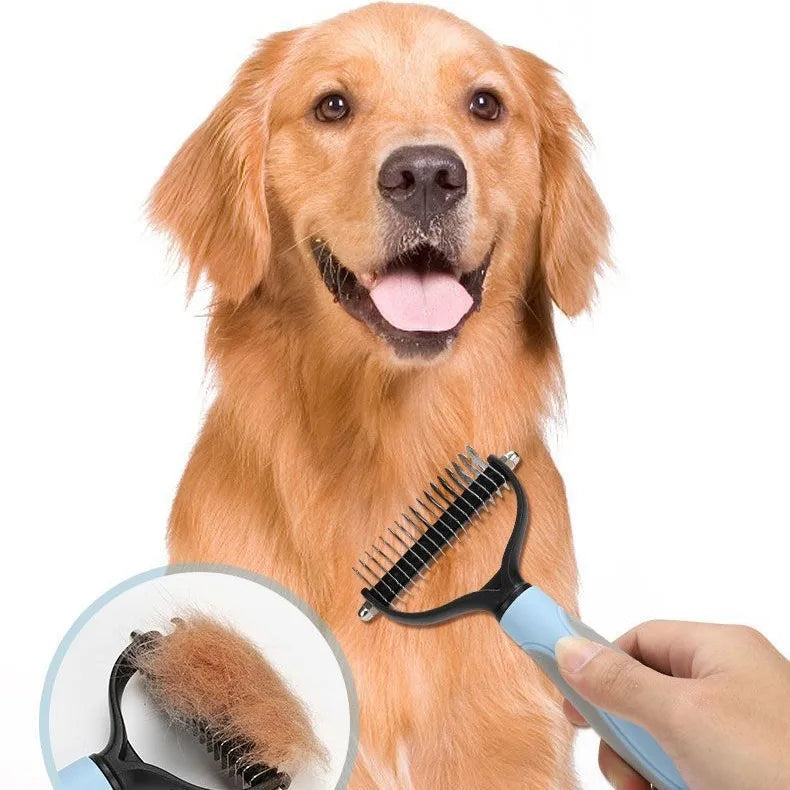 Golden retriever being groomed with self cleaning pet deshedding brush for easy hair removal and pet grooming