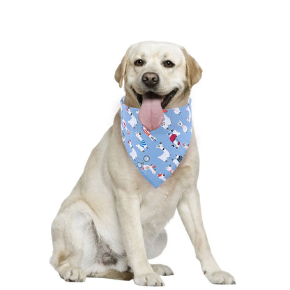 Labrador wearing blue dog bandana with cartoon dog print, dog accessory